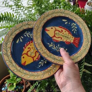 Vintage Mediterranean Fish Plate Pair - Blue & Yellow Ceramic Decorative Plates